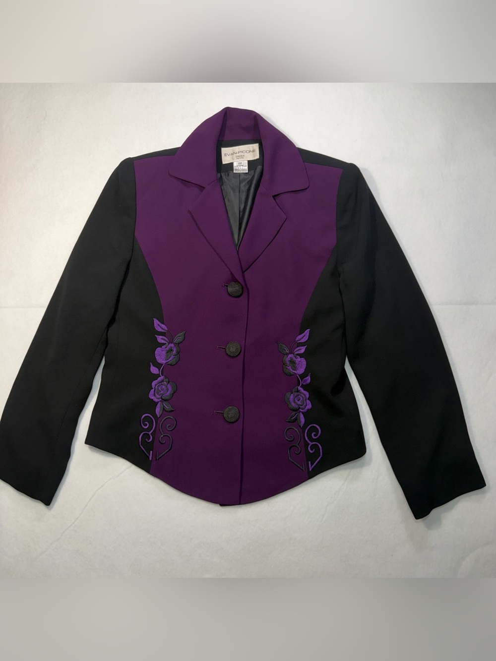 Evan Picone 10P Purple Black Floral Embroidered Petite Blazer Vintage Style